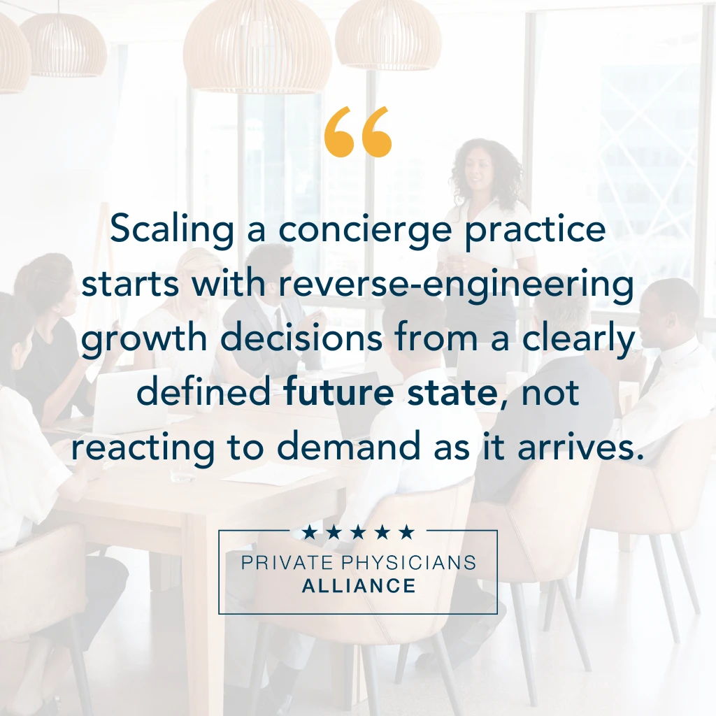 Quote: Scaling a concierge practice starts with reverse-engineering growth decisions from a clearly defined future state, not reacting to demand as it arrives.