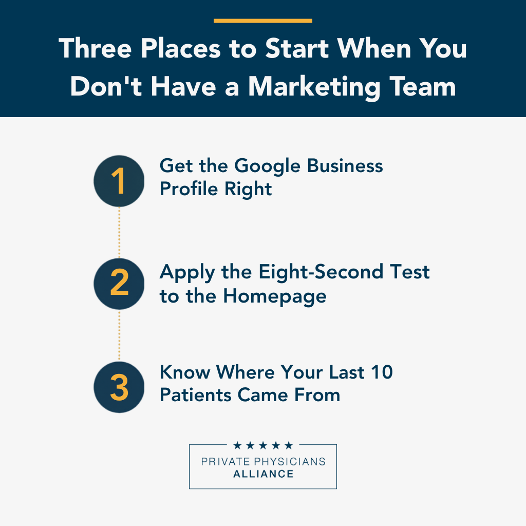 Three places to start when you don’t have a marketing team: get the Google Business Profile right, apply the eight-second test to the homepage, and know where your last 10 patients came from.