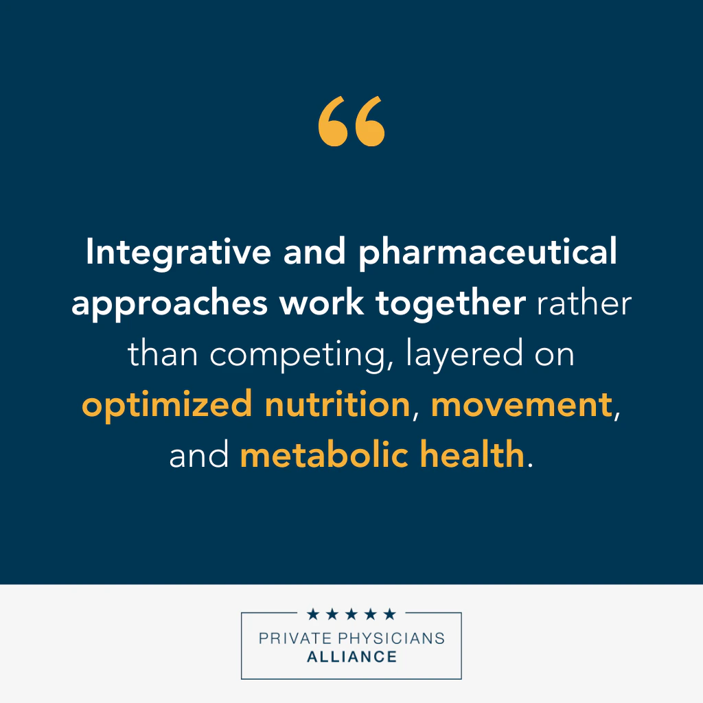 Integrative and pharmaceutical approaches work together rather than competing, layered on optimized nutrition, movement, and metabolic health.