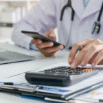 Doctor using calculator while examining financial documents.