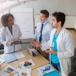 A group of healthcare professionals gathered around a table and engaged in discussion.
