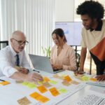 Leadership team organizes sticky notes during strategic planning session.